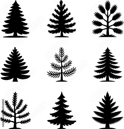 A grid of nine black silhouette illustrations of pine or fir trees