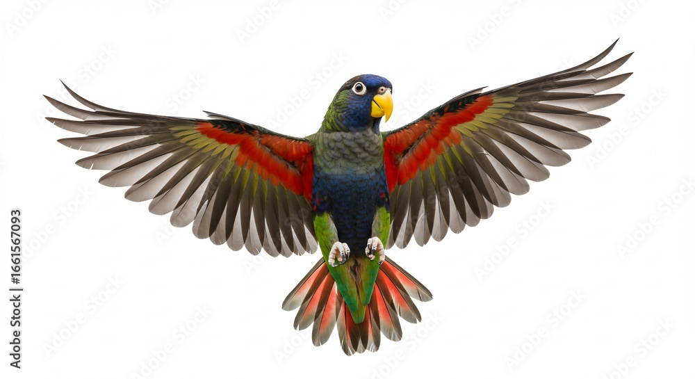 Fototapeta premium Perroquet vole couleurs vives plumage �clatant fond blanc. AI Generated