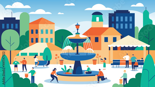 Bustling city square with cafes fountains and people enjoying outdoor life