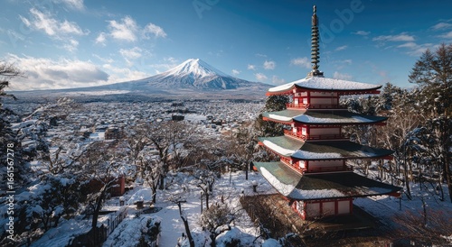Snowy Japanese Pagoda with Fuji