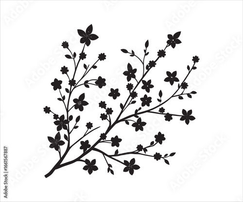 Elegant Black and White Floral Silhouette Design with Blooming Cherry Blossoms and Delicate Branches Perfect for Invitations and Creative Projects