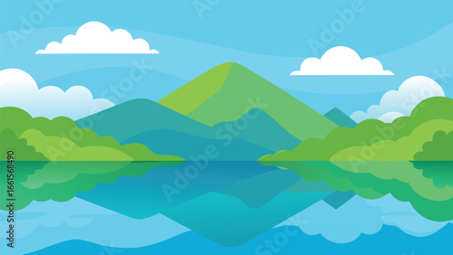 Serene lakeside landscape vector illustration with calm water reflections and green hills