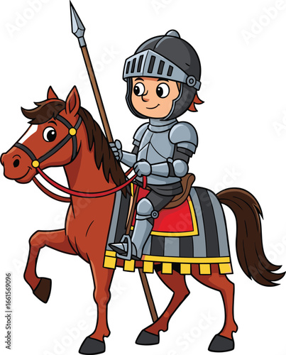 Cartoon medieval knight riding horse, wearing armor and helmet, holding spear, jousting scene with decorated saddle blanket, battle ready character, vector illustration design