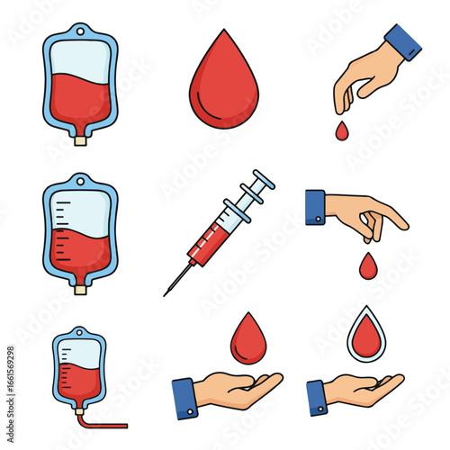 Blood donation icons: bags, syringes, and hands donating blood drops.
