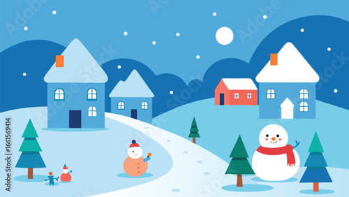 Charming cartoon snowy village scene with festive decorations and happy people