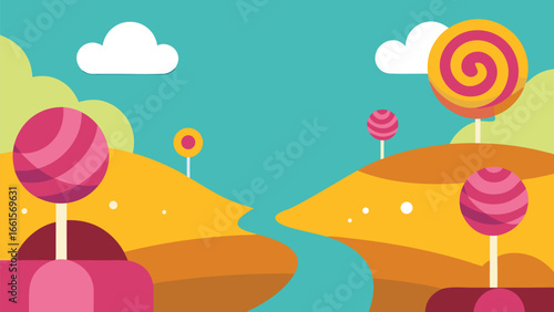Whimsical candy land scene with swirl lollipops and lollipop trees vector illustration