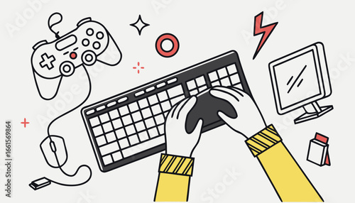 Hands on black keyboard and black mouse. Computer hardware and modern technology. Person uses device to work in office or at home. Design element for digital equipment store. Cartoon flat vector illus