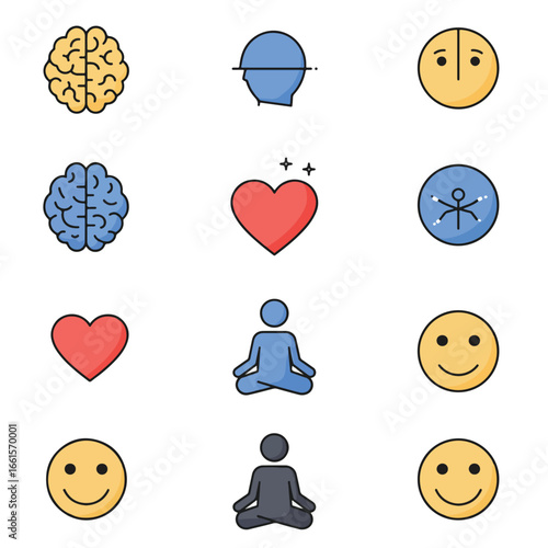 A collection of colorful, stylized icons representing mental and physical well-being, including the brain, heart, and meditation.