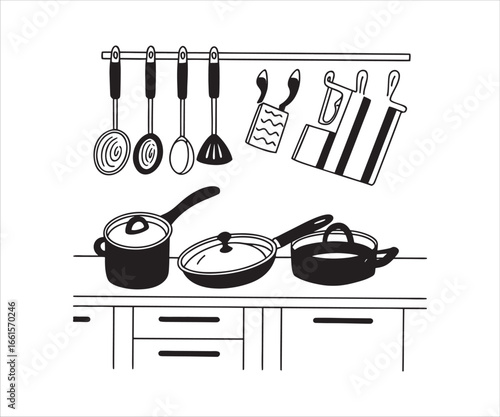Kitchen Utensils and Cookware Illustration Black and White Line Art for Culinary Design and Home Decor Projects
