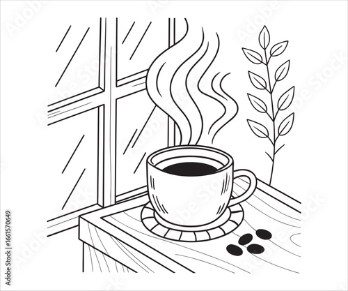 Morning coffee by the window vector illustration with steaming hot brew and coffee beans on a rustic wooden table side view