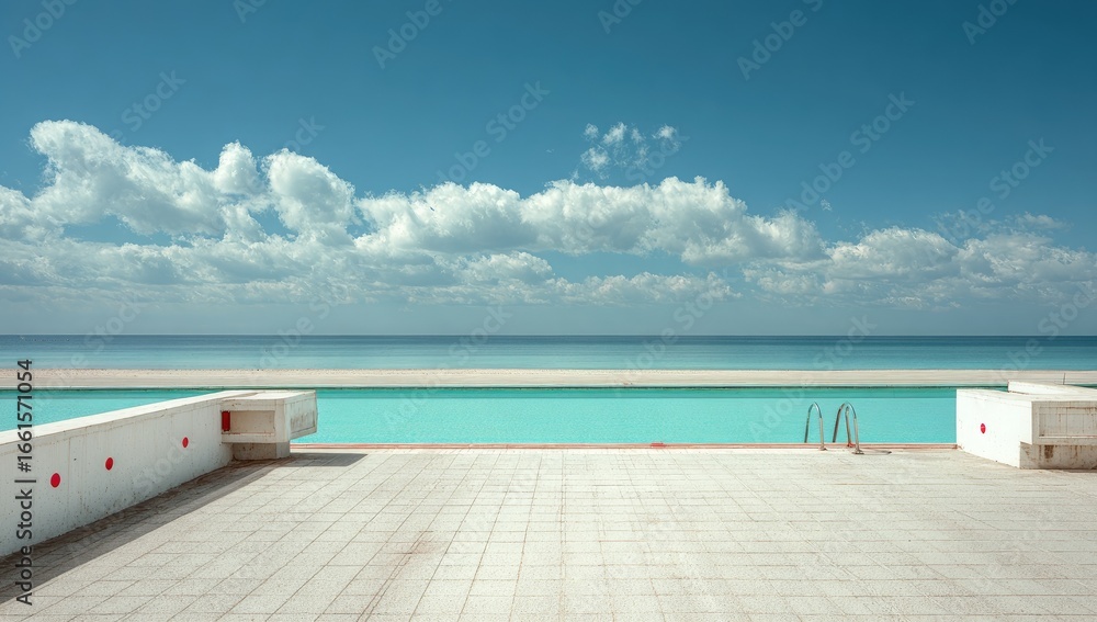 Fototapeta premium Empty pool deck overlooking turquoise sea. Vast expanse of ocean, a clear sky with cumulus clouds. A rectangular pool, light turquoise, with a concrete deck and a few red details