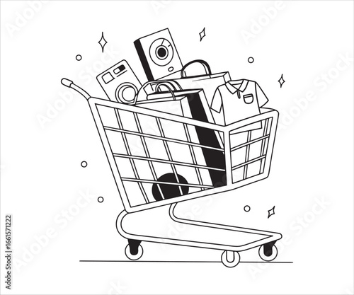 Shopping cart filled with items including camera shirt and bags line art illustration retail purchase concept black and white outline
