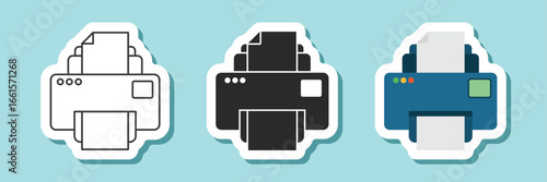 Printer sticker icon set collection in flat style. Office machine vector illustration on isolated background. Printout sign business concept.