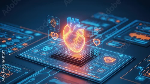 Glowing Heart Animation with Digital Interface Elements and Data Visualization in 3D Space