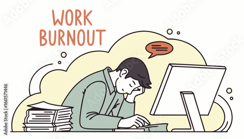 Work burnout concept. Man sleeps in front of computer monitor, lazy character in workplace. Overworked guy, poor time management and deadline pressure metaphor. Cartoon flat vector illustration       