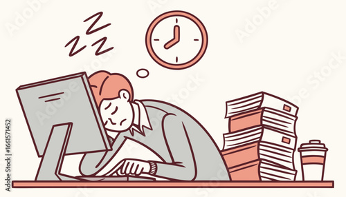 man with a signWork burnout concept. Man sleeps in front of computer monitor, lazy character in workplace. Overworked guy, poor time management and deadline pressure metaphor. Cartoon flat vector illu