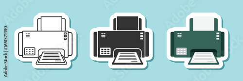 Printer sticker icon set collection in flat style. Office machine vector illustration on isolated background. Printout sign business concept.