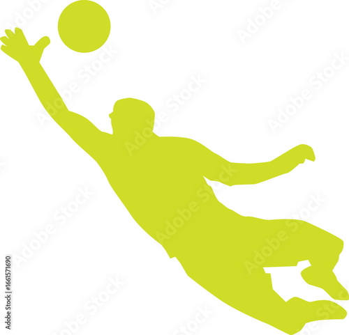 The image shows a silhouette of a soccer (football) goalkeeper diving to make a save, with one arm fully extended toward a ball. The figure is in mid-air, suggesting a dynamic and athletic movement. 