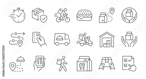 Set of simple icons related to food delivery and packaging. Editable Stroke.