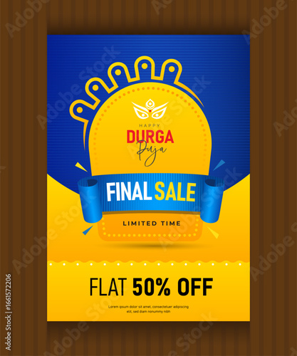 Durga Puja Offer Poster Design Layout Template, Festival Offer A4 Poster Vector Design Template