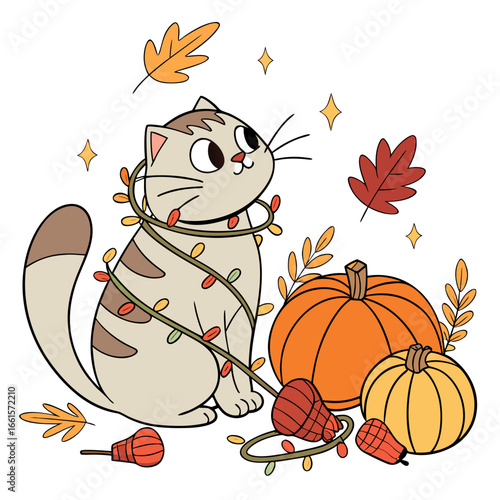 An adorable Scottish Fold with a Content vibe, wrapped in fairy lights, and a Harvest Blessings Thanksgiving theme – SVG style