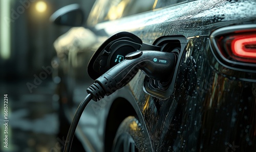 Close-up of an electric vehicle charger plug handle being attached to an EVs port, recharging the battery at a clean energy station. The image highlights sustainable transportation, Generative AI