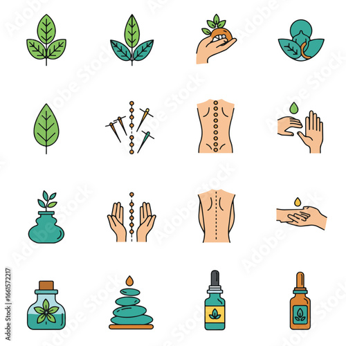 A collection of icons depicting holistic wellness treatments, featuring herbal remedies, acupuncture, massage, and aromatherapy.