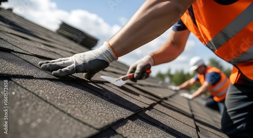 Dedicated team of professional roofers diligently working on a new shingle installation project, showcasing expertise and commitment to quality craftsmanship.