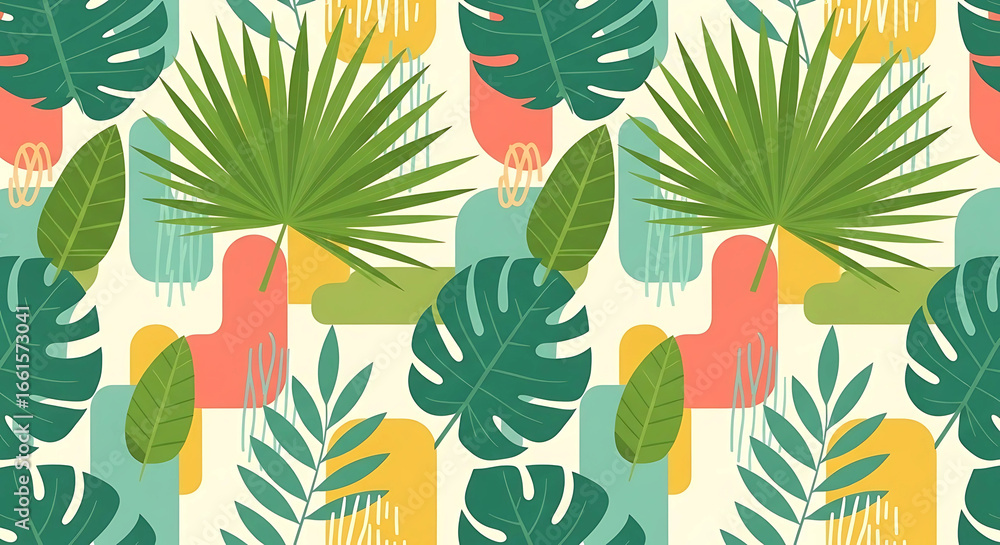 Fototapeta premium Seamless Tropical Leaves Pattern, Abstract Shapes, Modern Flat Vector, Repeating Tile, High Resolution, Clean Colors