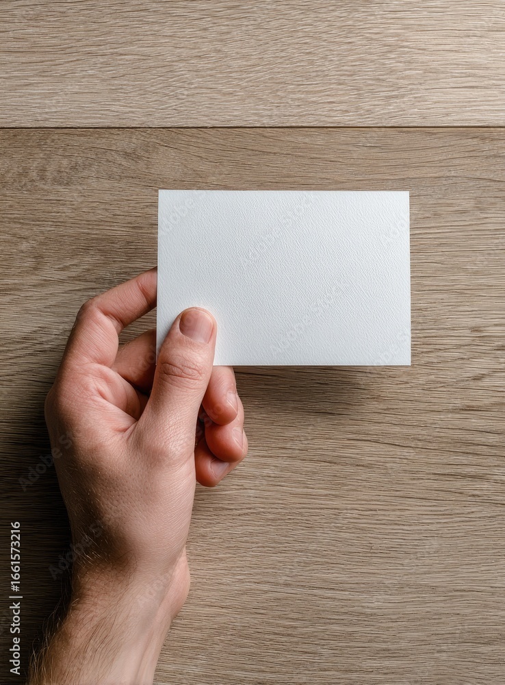 Obraz premium A hand holds a blank white card on a light brown wooden surface