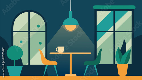Cozy cafe interior flat vector illustration with tables chairs and plants scalable eps graphic