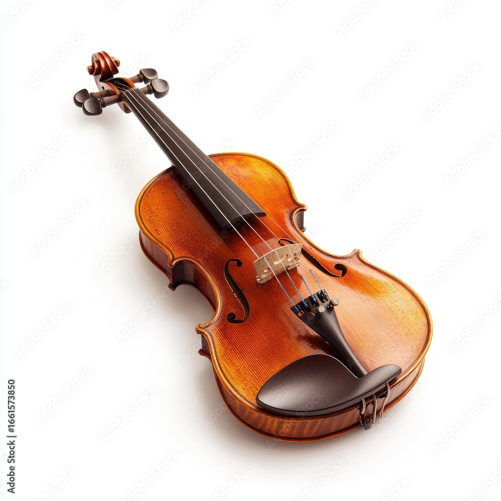 Fototapeta premium Wooden violin, angled view, light brown finish, isolated on white