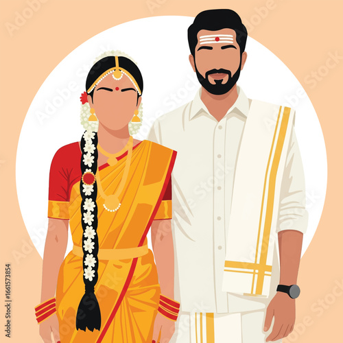 Traditional South Indian Bride and Groom in Wedding Attire Illustration