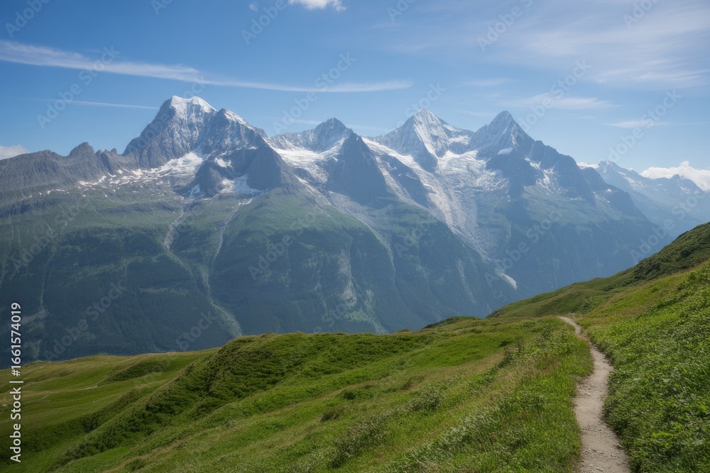 Fototapeta premium Winding path through green mountain meadows with snow capped peaks