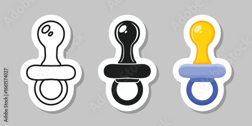 Baby pacifier sticker icon set collection in flat style. Nipple for newborn child vector illustration on isolated background. Soother sign business concept.
