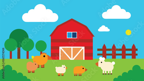 Charming vector illustration of a rural farm scene with red barn sheep and green landscape
