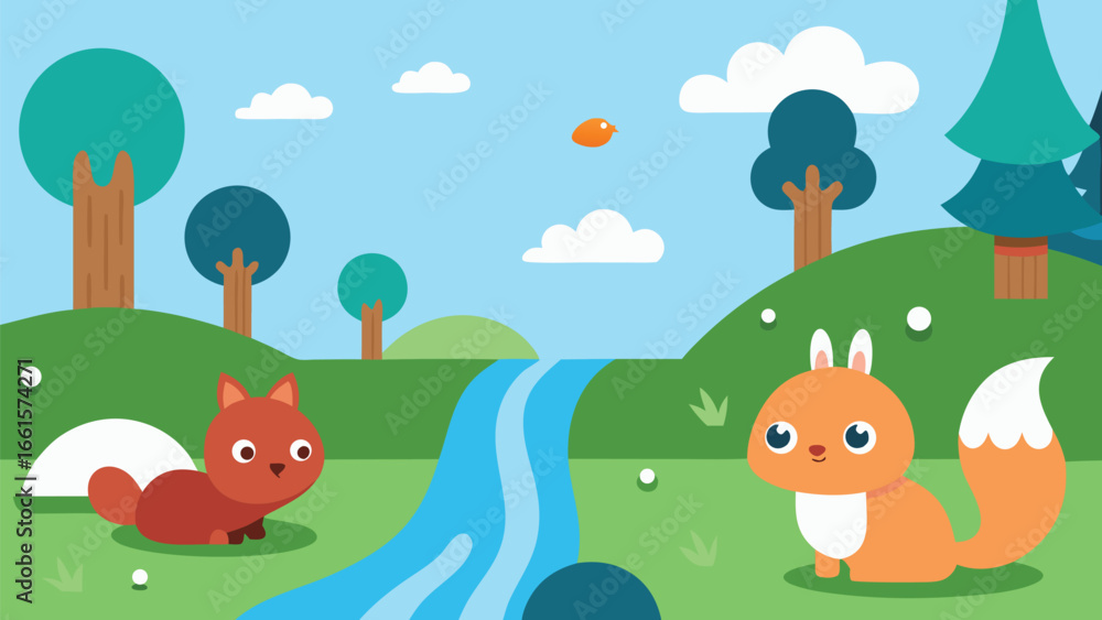 Obraz premium Cute woodland creatures squirrels forest scene vector illustration scalable eps nature animals