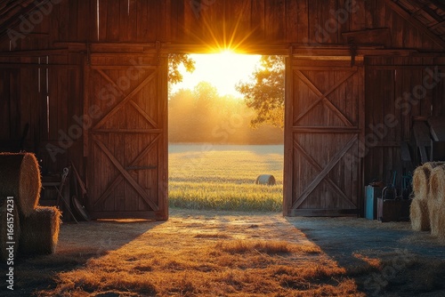 The inside of a barn with the door open revealing gold, Generative AI