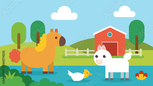 Cute farmyard scene with playful animals horses cows chickens and barn vector illustration