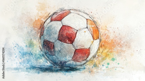 Dynamic watercolor painting of a soccer ball with vibrant color splashes
