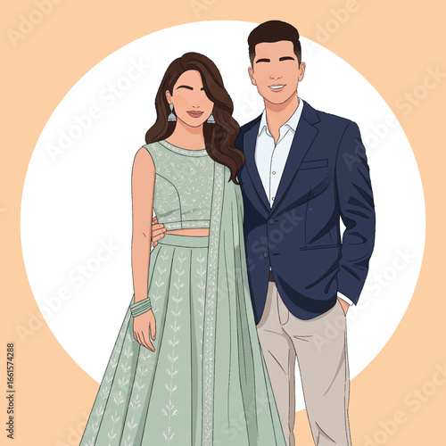 Elegant Indian Couple in Modern Traditional Outfit Illustration