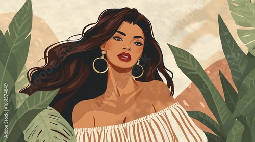 Stylized contemporary art print of a graceful woman with dark flowing hair, natural color palette, boho vibe, textured vector illustration with foliage accents and calming tropical-inspired background