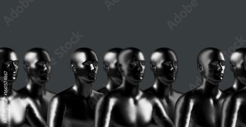 A row of shiny human heads. A monochrome shot of many identical faceless mannequins. The heads are illuminated with silver tones.