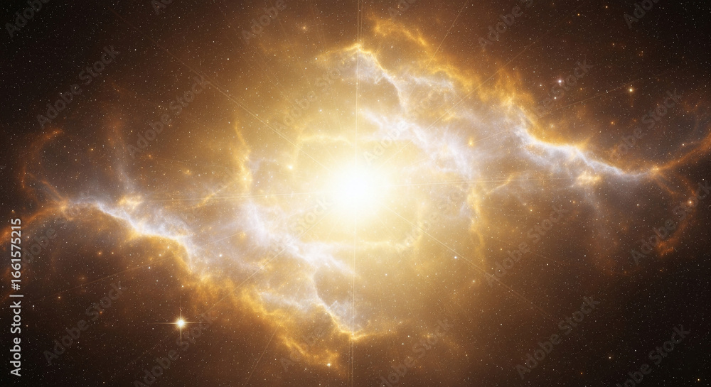 Obraz premium Nebula Radiating with Golden and White Divine Light Resembling Aura of Enlightenment Spiritual Awakening Mystical Transcendence JPG