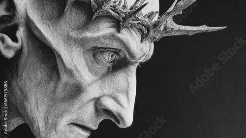 Intense profile of gaunt man with antler crown, dark background