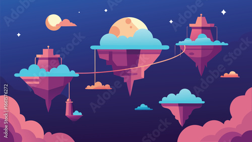 Whimsical floating islands connected by dreamy pathways in a cosmic fantasy landscape