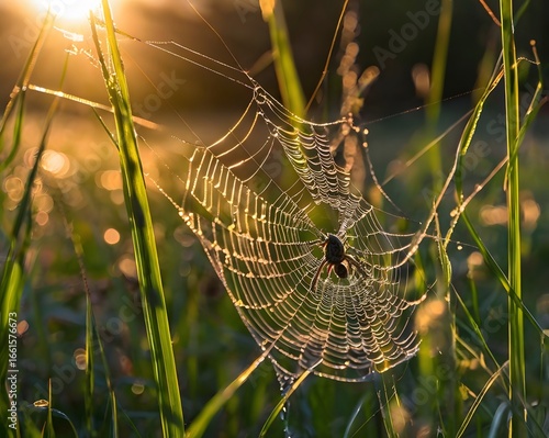 Wallpaper Mural Stunning spiderweb glistening with morning dew and sunlight, perfect for nature concepts Torontodigital.ca