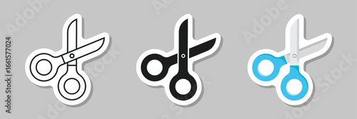 Scissor sticker icon set collection in flat style. Cutting hair equipment vector illustration on isolated background. Hairdressing sign business concept.
