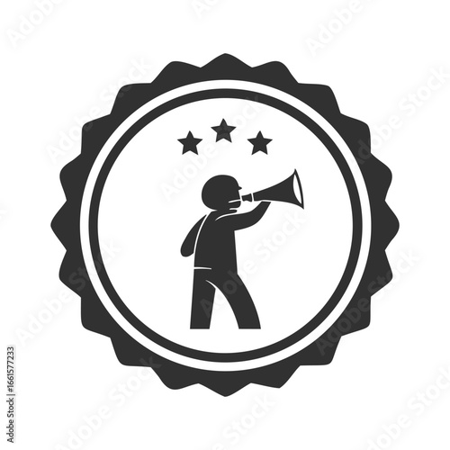 Child blowing a horn with stars in a circular badge emblem vector eps