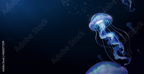 Large poisonous blue jellyfish against the background of a deep dark ocean. Realistic illustration.